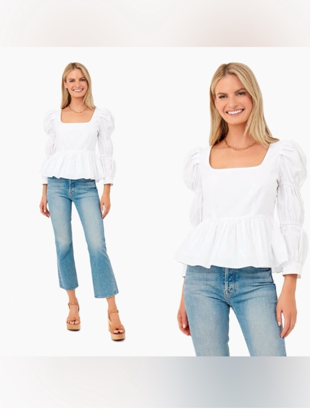 Tuckernuck HYACINTH HOUSE Clemons White Square Neck Peplum Puff Sleeve Top Small